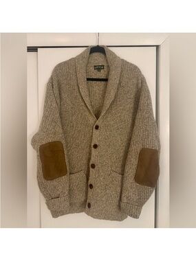 Orvis Men's Shawl Collar Cardigan Sweater - Beige with Brown Elbow Patches